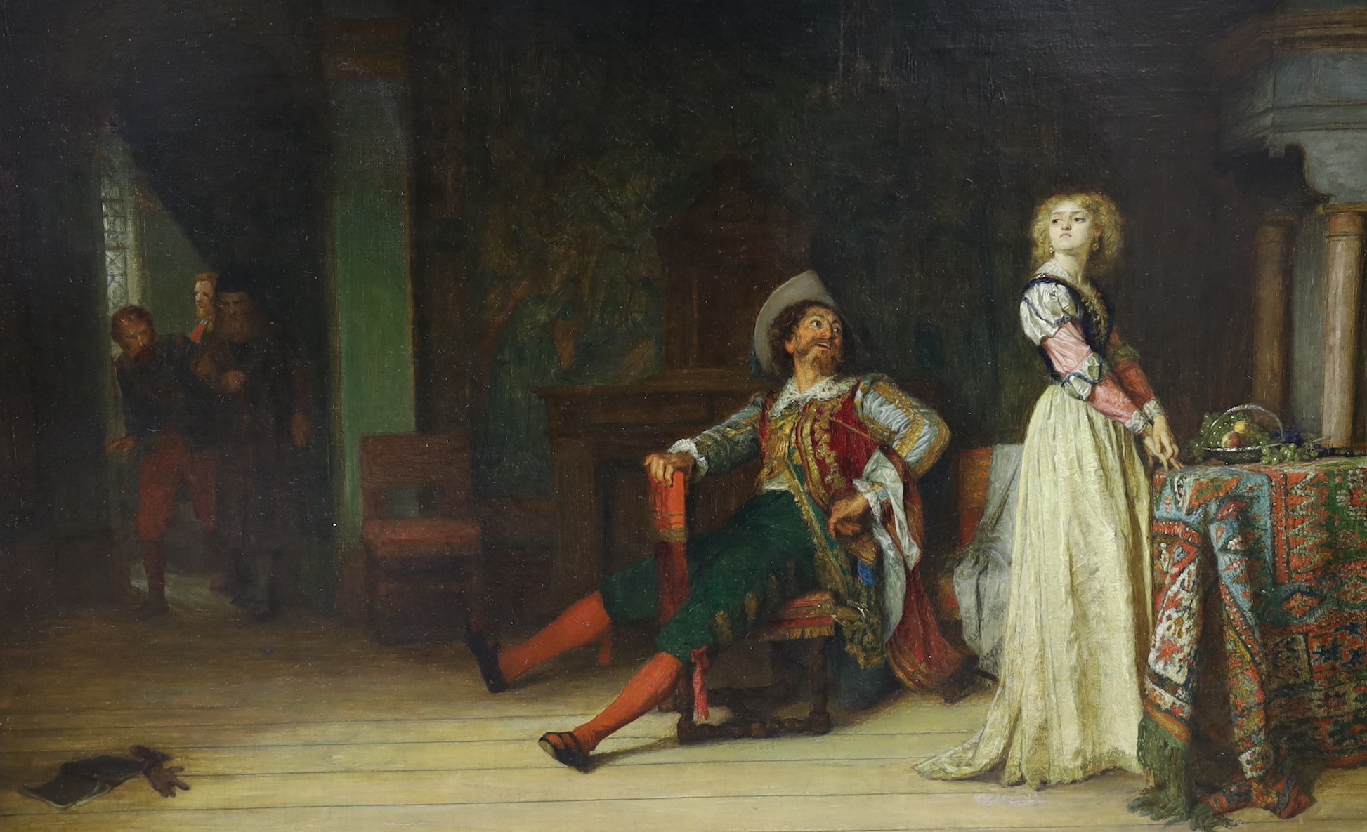 Circle of Robert Alexander Hillingford (1808-1904), oil on canvas, 17th century interior, indistinctly signed, 49 x 76cm